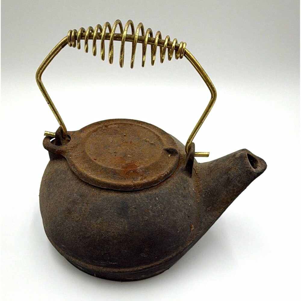 Vintage Cast Iron Tea Pot Teapot w/ Coiled Wire Handle & Lid